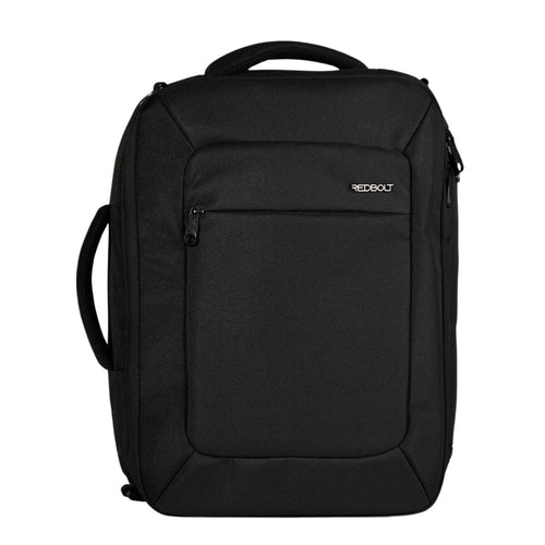Front view of Redbolt Optimus black travel backpack with structured rectangular design