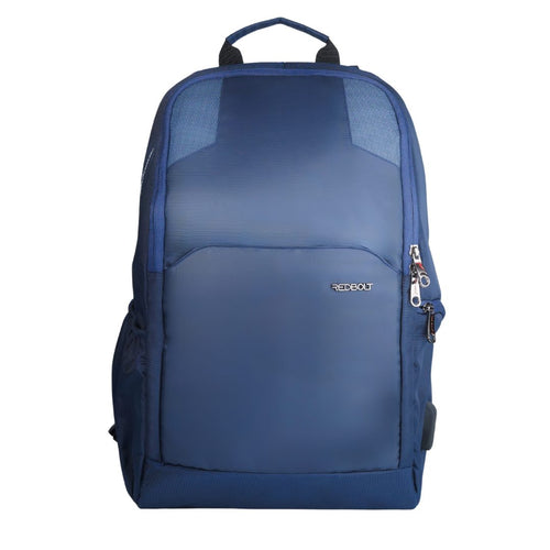 Front view of Redbolt Millennia blue backpack with laptop compartment and bottle pocket
