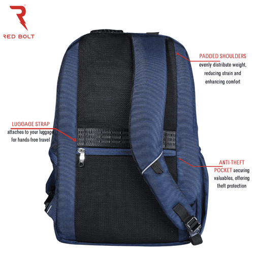 Anti-theft back pocket and luggage strap on Redbolt Millennia blue backpack